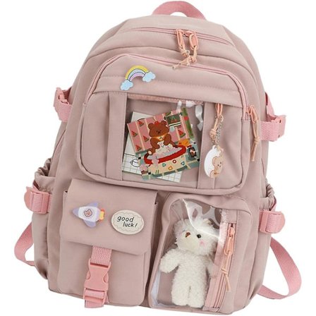 Kawaii Rygsæk med Kawaii-nåle og Tilbehør, Stor Kapacitet Sød Bjørn Tilbehør Rygsæk, Skoletaske til Piger, Skoletaske Kawa