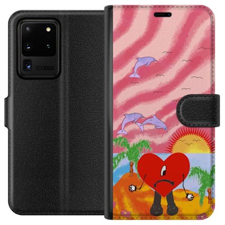 Kompatibel Tegnebogsetui til Samsung Galaxy S20 Ultra Bad Bunny i en farverig quiltet jakke med hjertemønster og solbriller i moderne gade stil