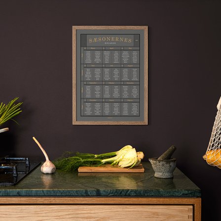 Plakat med Sæsonernes råvarer fra Gehalt — Stilren sæsonguide