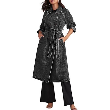 Vintage Lång Jeansjacka för Kvinnor, Oversize, Dubbelknäppt Denimjacka, Trenchcoat med Bälte Svart Svart Medium Black Medium—yux