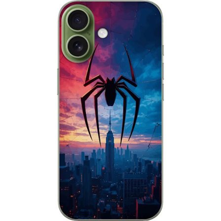 Kompatibel Mobilcover til Apple Apple iPhone 17 Stiliseret edderkop over byens silhuet i dramatisk solnedgang, grafisk fantasyillustration med stærke