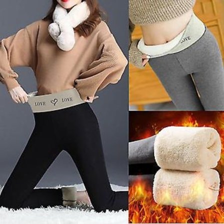 Fleece termobukser til damer, ensfarvede med taljebånd "Love" print, farveblokering, plus size 2XL grå pink