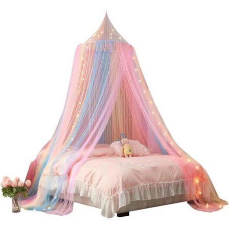 Sengehimmel til piger, regnbuehimmel til seng, prinsessemyggenet legetelt til børn, hængende sengebeskyttelse til børneværelsesindretning (regnbue)