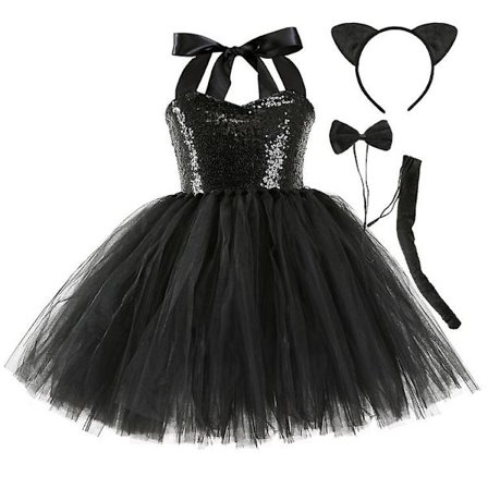 Kids Girl Black Cat Dress Cosplay Party Carnival Costume With Hair Accessories, Tail -a
