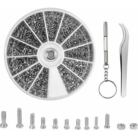 Sæt med 1000 stk. skruemøtrikker assorteret briller reparationskit små skruer og møtrikker med skruetrækker og pincet skruereparationsværktøj til 