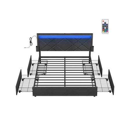 Rootz Double Bed Frame - LED BED RAMM - Opbevaringssengsramme - Integreret opladningsstation - 210 x 167 x 88,3 cm - Skifer Gray/Matt Black