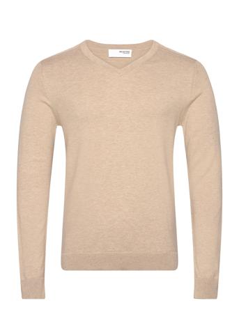 Slhberg Ls Knit V-Neck Noos Beige Selected Homme
