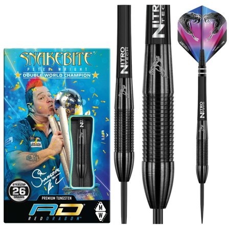 Red Dragon Darts Snakebite 3 Peter Wright Tungsten Steel Tip Darts 26g Black PVD Coating Pro Match Weight Flights