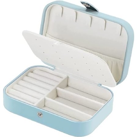 Smykkeskrin Organizer Lille Smykkeskrin Rejseetui Smykkeskrin Opbevaring til Ringe Øreringe Halskæder Armbånd, Smykkeskrin i Læder, Lyseblå