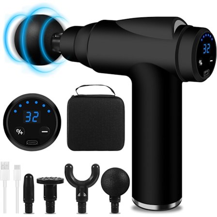 Muskelmassagepistol, 32 niveauer, 4 hoveder og LCD-display, let og bærbar, lindrer muskelsmerter og stivhed (sort)