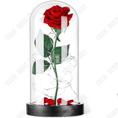 LED-ljus - TD - Everrose - Röd sidenros - Glasdome - Träbas