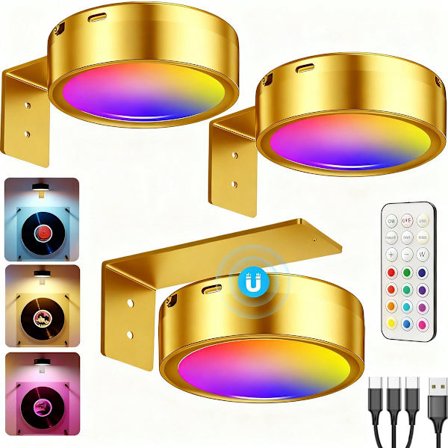 Trådløs LED-bildelampe med fjernkontroll, 3 fargetemperaturer, 12 RGB-farger, justerbar lysstyrke, timer, 2000mAh oppladbart batteri, sett med 3 gull