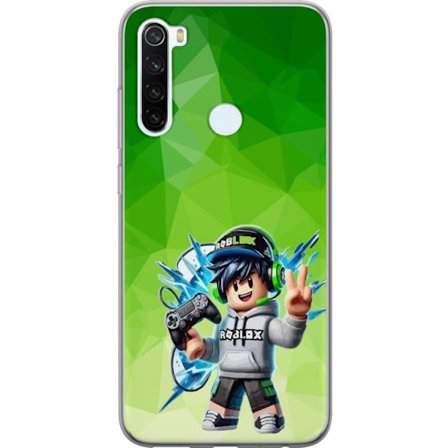 Kompatibelt Mobildeksel til Xiaomi Redmi Note 8 Roblox-inspirert gamerfigur med headset, håndkontroll og energiske effekter mot grønn bakgrunn