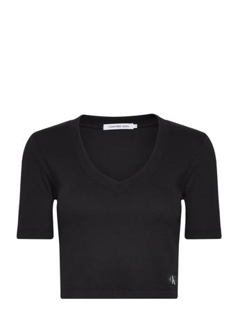 Woven Label Rib V-Neck Tee Crop Tops Short-sleeved Crop Tops Svart Calvin Klein Jeans*Betinget Tilbud
