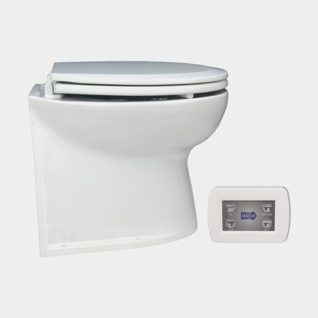 Eltoilet båd Jabsco Deluxe Flush 14", lige ryg, 12 V, stor skål, ekstra lav, til søvandsfyldning + pumpe