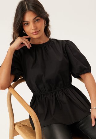 BUBBLEROOM - Puff Sleeve Peplum Blouse - Black