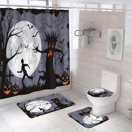 Halloween Dryad Duschdraperisets, Halloween Badrumsdekor Set 71 Tum X 71 Tum - Duschdraperi Med Matta, Toalettlock, Badmatta - Halloween