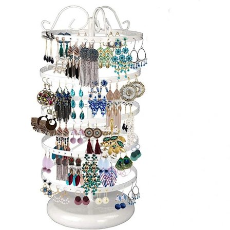 5 Vånings Metall Roterande Örhängeshållare Organizer, Utsökt Smyckesställ Halsbandshållare, 220 Hål för Örhängen - 14x6.3 Tum (Vit)