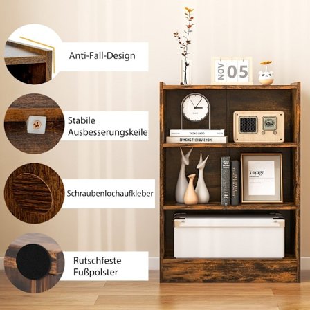 3-kerroksinen kirjahylly avoin säilytyshylly moderni kaappi 50 x 30 x 75 cm ruskea