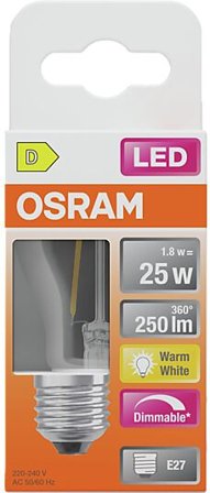OSRAM Led Lyspære E27 Classic P25 250lm klar Dimbar Varmhvit