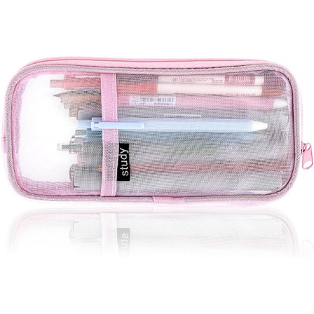 Net Penalhus Stor Kapacitet Penpose Transparent Makeup Taske Kosmetiktaske til Studerende Skole Gymnasium Kontor Pink