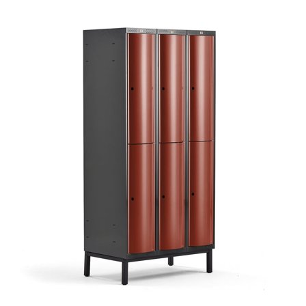 Clothes locker CURVE, leg frame, 3 x 2 doors, 1940x900x550 mm, red