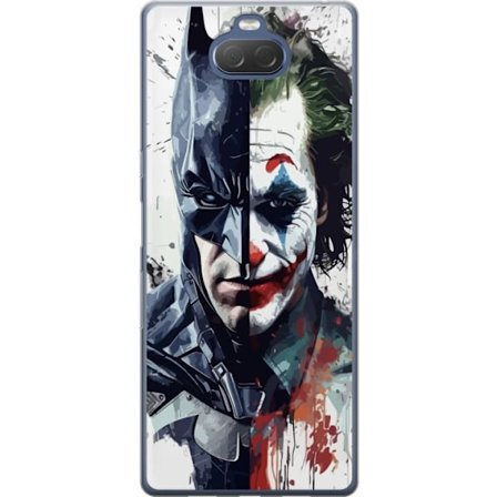 Kompatibel Mobilcover til Sony Sony Xperia 10 Plus Delt portræt af Batman og Joker i dramatisk illustration, ikonisk superhelte motiv med mørk kunst