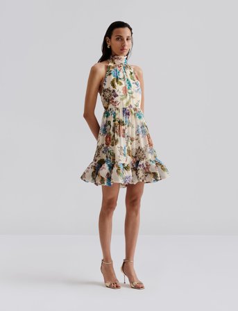 Malina Fern Halterneck Ruffled Mini Dress - Beige - XL