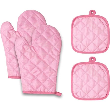 ING Rosa varmebestandige ovnsvotter og varmeisolerende mattesett, inkluderer 2 hansker og 2 varmeisolerende matter, med sterkt grep