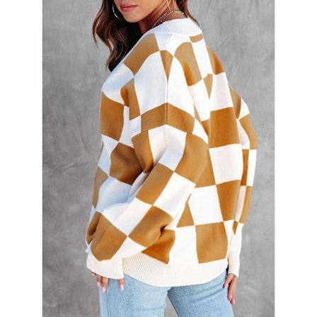 Rutig dam med v-ringad knapp och långärmad kabelstickad Oversized cardigan tröjor Toppar