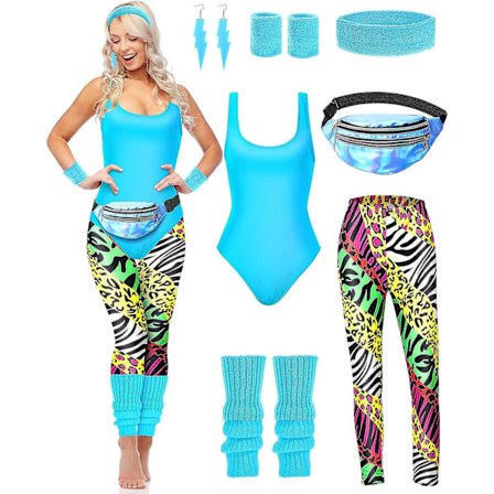 80'er Aerobics Sæt med Dragt, Leggings & Zebra-mønstrede Tilbehør [JUN] Sød Zebra Medium