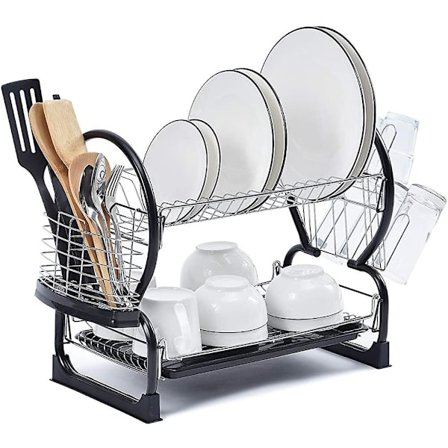 2-lags Opvaskestativ, Let at Samle Med Redskabsholder og Kopholder på Siden, Til Organisering af Service, Køkkenbord eller Ved Vasken