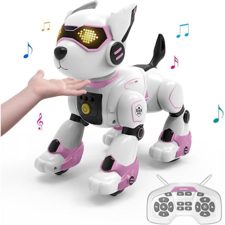 Fjernbetjent robot hundelegetøj, STEM programmerbar stemmeinteraktiv robot lyserød hvalp, berøringsfølsom sang og dansende hund, ideel 
