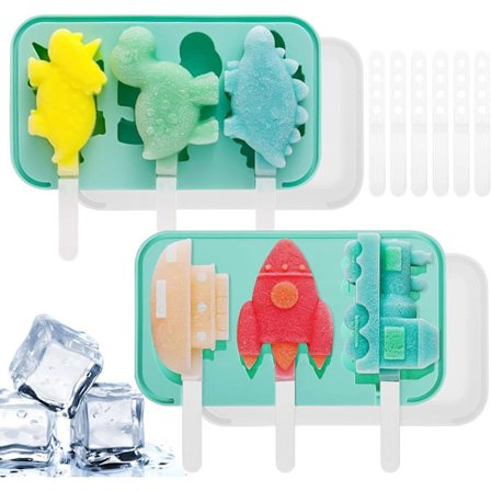 2 Dele Silikone Isforme, Genanvendelige, BPA-fri, Isforme med Spildsikre Låg og 12 Pinde, (Dyr+Hav Land Luft Mønster)