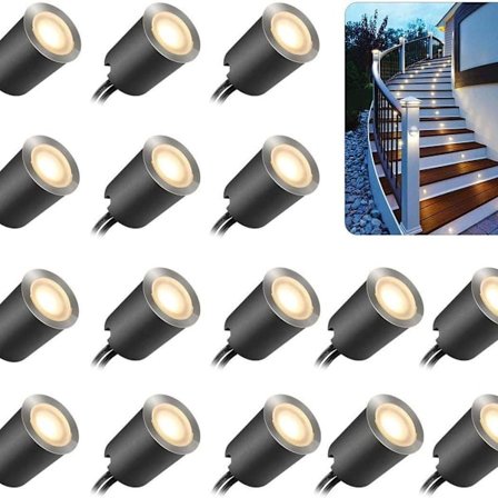 Sett med 16 utendørs LED-innfelte spotlights, IP67 vanntett, 32 mm, innfelt