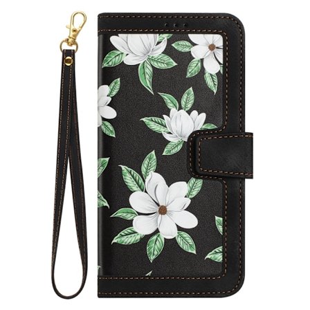 Etui til iPhone 15 Sort - Lille Frisk Læder Etui + Kort Reb Lille Blomster Flip Rem