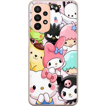 Kompatibelt Mobildeksel til Samsung Galaxy A23 5G Tett mønster av søte figurer med store øyne i ulike farger og uttrykk med LABUBU-tekst