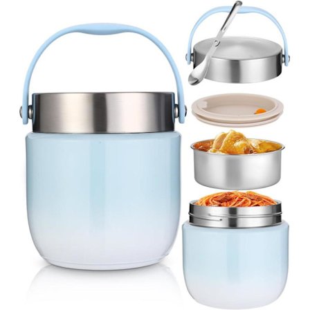 Madtermokande 1200 / 1500ml – Madkasse i rustfrit stål med låg, foldbar ske og opdelt design til supper, grød og is_OF