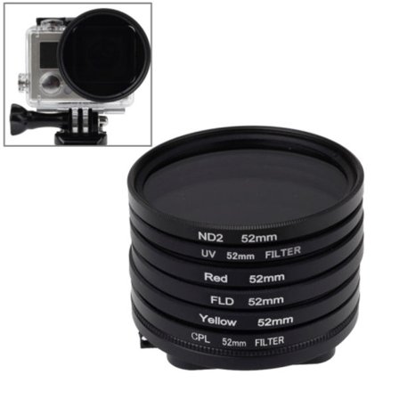 6 i 1 52mm ND2 linsfilter + UV-linsfilter + rött filter + FLD-filter + gult filter + CPL-filter + filteradapterring för GoPro HERO4/ 3+