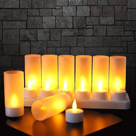 12 LED-lys, oppladbare stearinlys, elektrisk LED-flamme som blinker med ladestasjon, dekorasjon