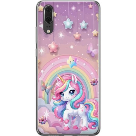 Kompatibel Mobilcover til Huawei P20 Magisk enhjørning med regnbue manke, stjerner og sommerfugle mod en pastelfarvet himmel med skyer