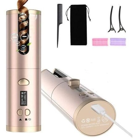 Trådløs Automatisk Krøllejern, Bærbart Auto Roterende Krøllejern, USB Genopladeligt Hårkrøller, 6 Temperaturindstillinger - Guld