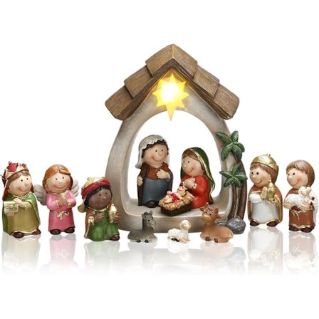 12 stk. Mini Julekrybbesæt med LED-lys Inkluderer Krybbe i Resin og 11 Figurer Julekrybbe Scene Dekoration Religiøse Borddekorationer til Kristne