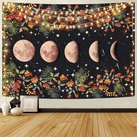 (130 x 150 cm) Moonlight Havetapet, Månefaset Tapetet Blomster Vin Tapetet Sort Baggrund Blomstertapetæppe Soveværelse Vægophæng