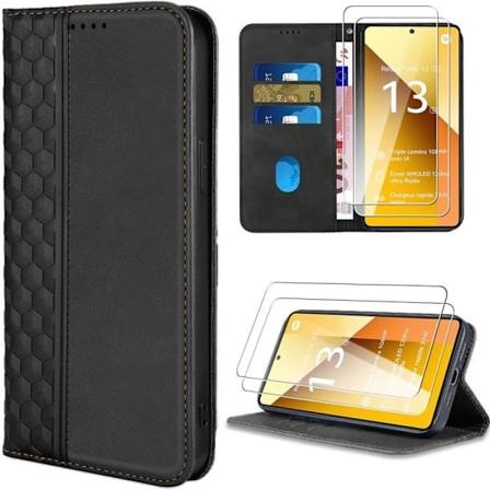 Etui + 2 hærdede briller til Xiaomi Redmi Note 13 5G (ikke til 4G), elegant luksusbeskyttelse af sort lædereffekt