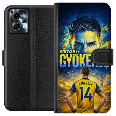 Kompatibelt Lommeboketui til Motorola Motorola Moto G13 Viktor Gyökeres fotballplakat i gult og blått med dramatisk stadionbakgrunn, sportillustrasj