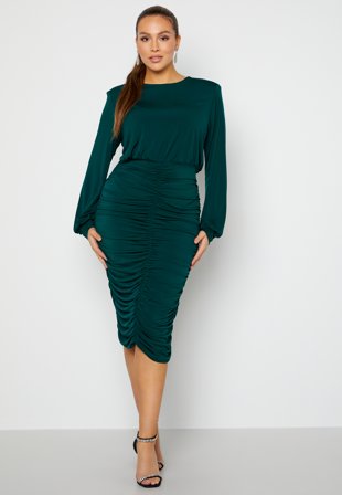 John Zack Curve Long Sleeve Rouched Midi Dress Forest Green Klær
