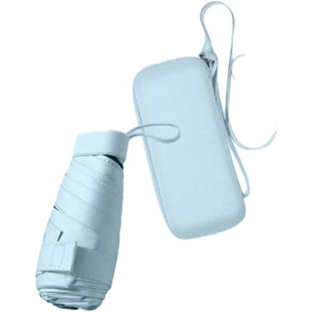 Sammenleggbar Reiseparaply, Liten Kompakt Paraply for Sol og Regn Vindtett UV-paraply med Glidelåsveske for Kvinner Jente, Himmelblå