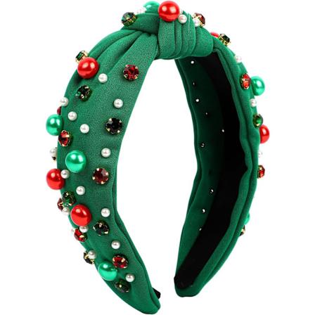 Julehovedbånd, Perleknyttet Hårbånd med Rhinesten, Bred Topknude Modehovedbånd til Julehårtilbehør (Grøn) Green