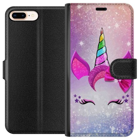 Kompatibelt Plånboksfodral till Apple Apple iPhone 7 Plus Minimalistiskt enhörningsansikte med regnbågshorn, rosa bakgrund, glitterdetaljer och sti